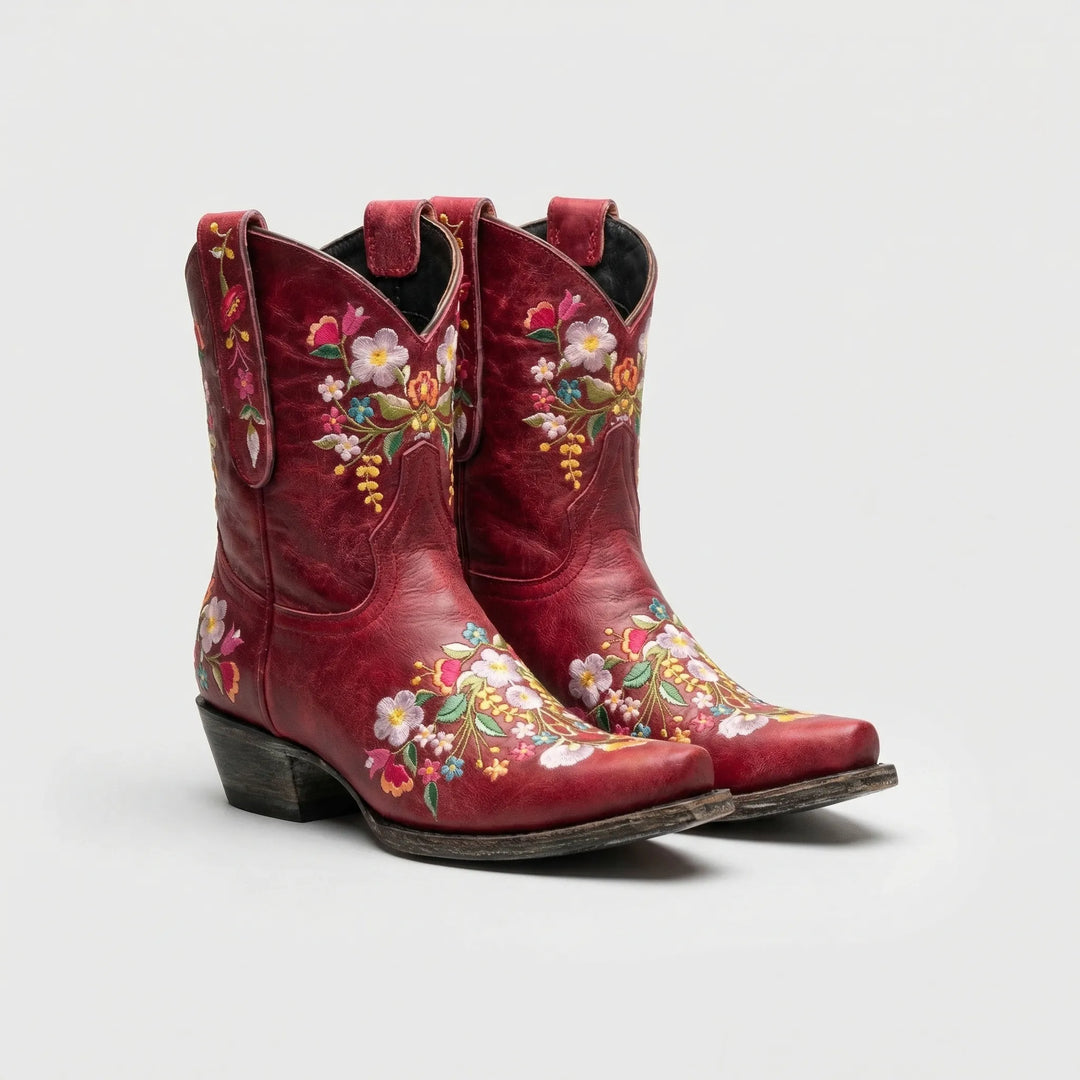 Floral Embroidered Western Ankle Boot - Lisa