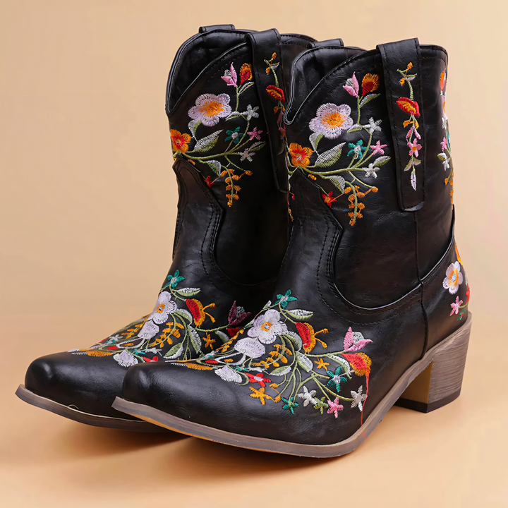 Floral Embroidered Western Ankle Boot - Lisa