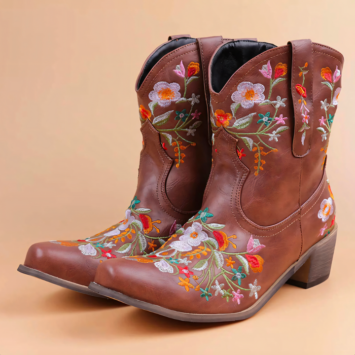 Floral Embroidered Western Ankle Boot - Lisa