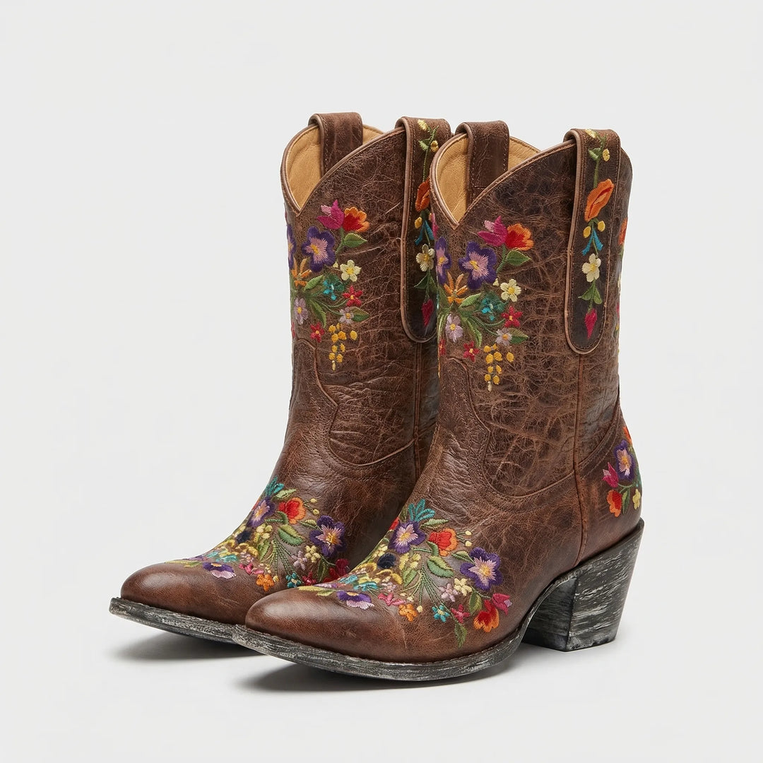Floral Embroidered Western Ankle Boot - Lisa