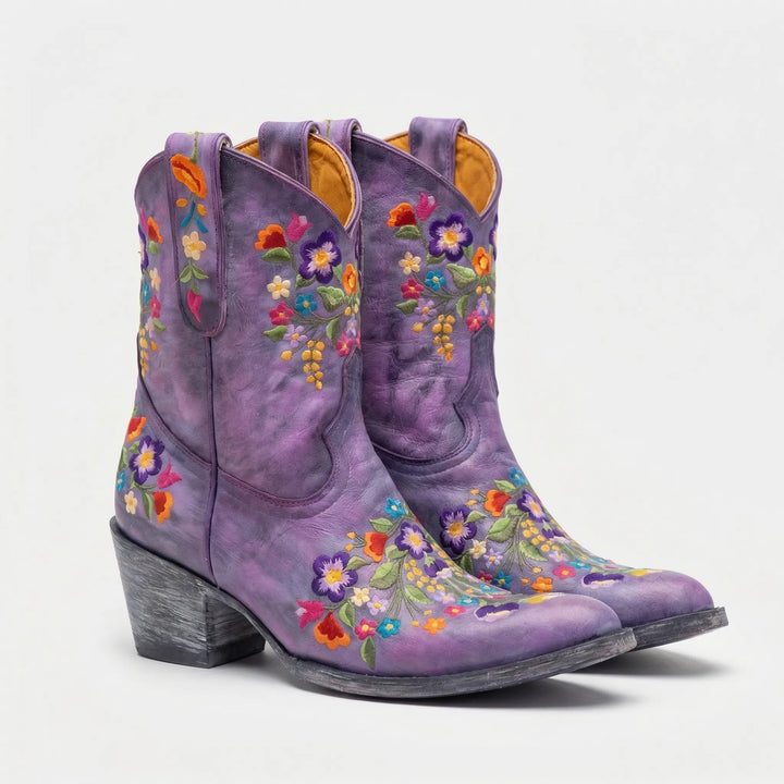 Floral Embroidered Western Ankle Boot - Lisa