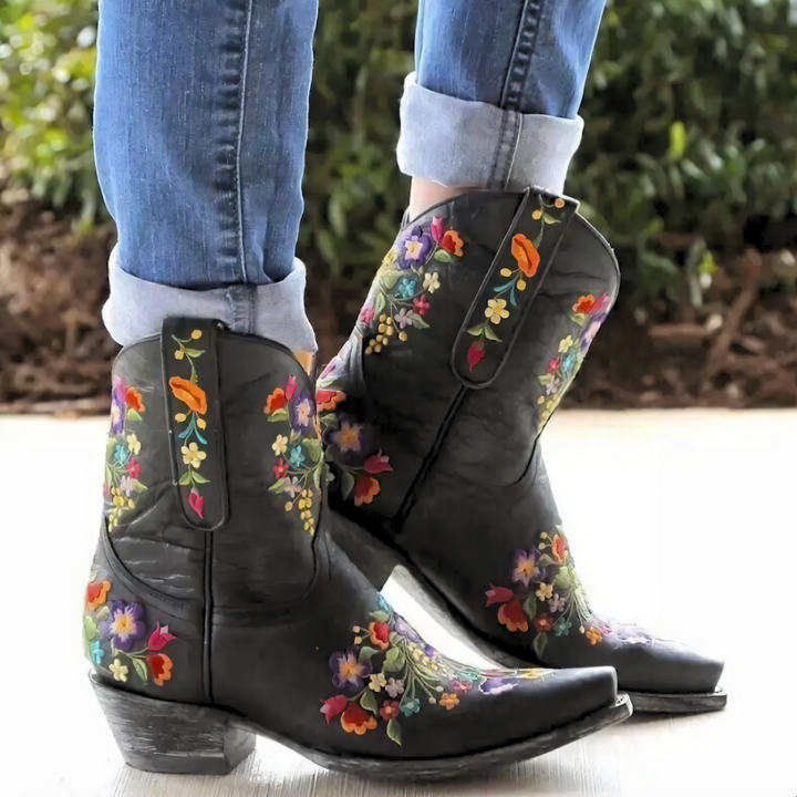 Floral Embroidered Western Ankle Boot - Lisa