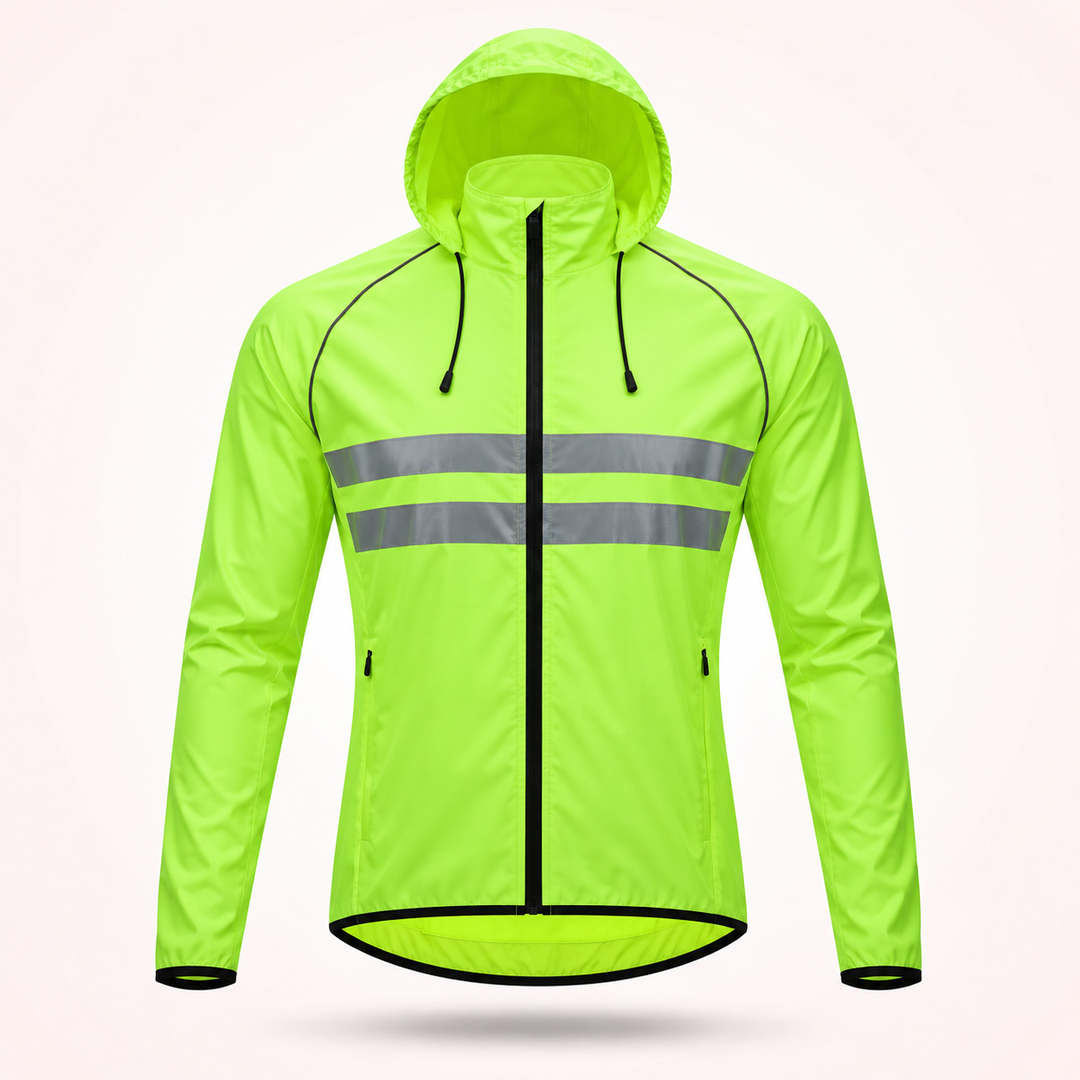 Fluorescerend groene fietsjas met capuchon, zwarte trekkoorden en twee reflecterende strepen, vooraanzicht. 19