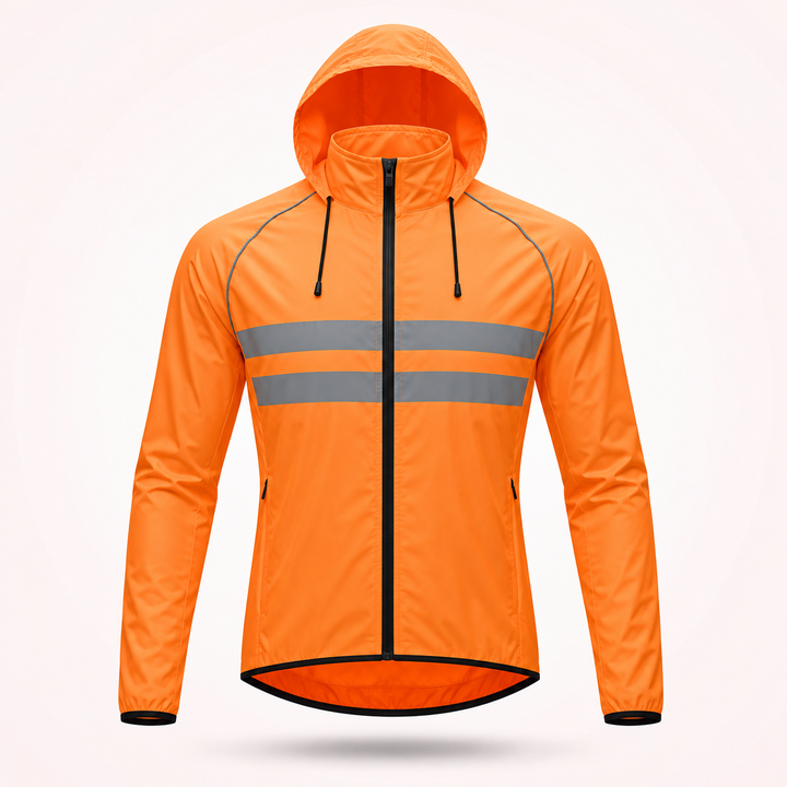 Oranje fietsjas met capuchon, zwarte trekkoorden en twee reflecterende strepen over de borst, vooraanzicht. 20