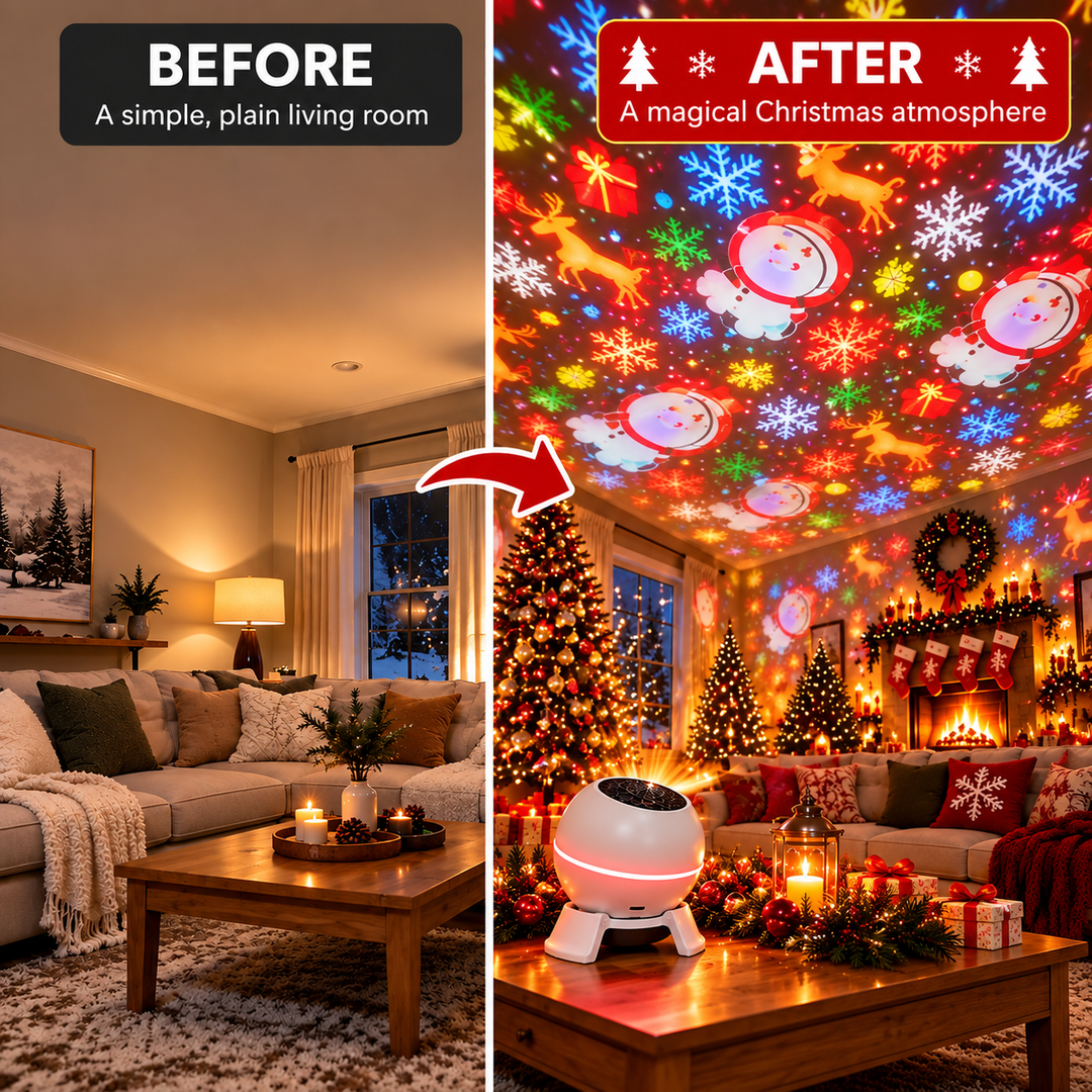 Voor-en-nabeeld van dezelfde woonkamer: links gewoon, rechts met de projector aan en kleurrijke kerstmotieven op plafond en muren. 3