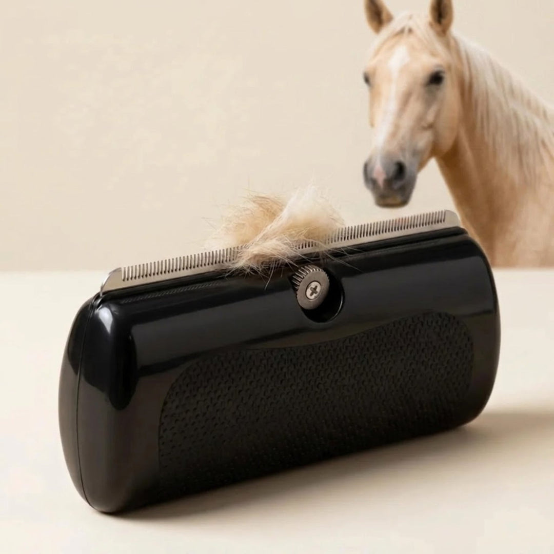 Zwarte borstel met metalen tanden en een plukje blond paardenhaar, met op de achtergrond een palomino paard in een lichte studio. 1