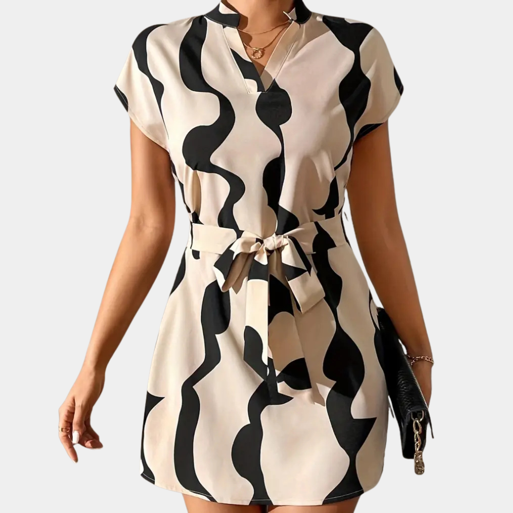 Trendy Beige Dress with Belt - Elena