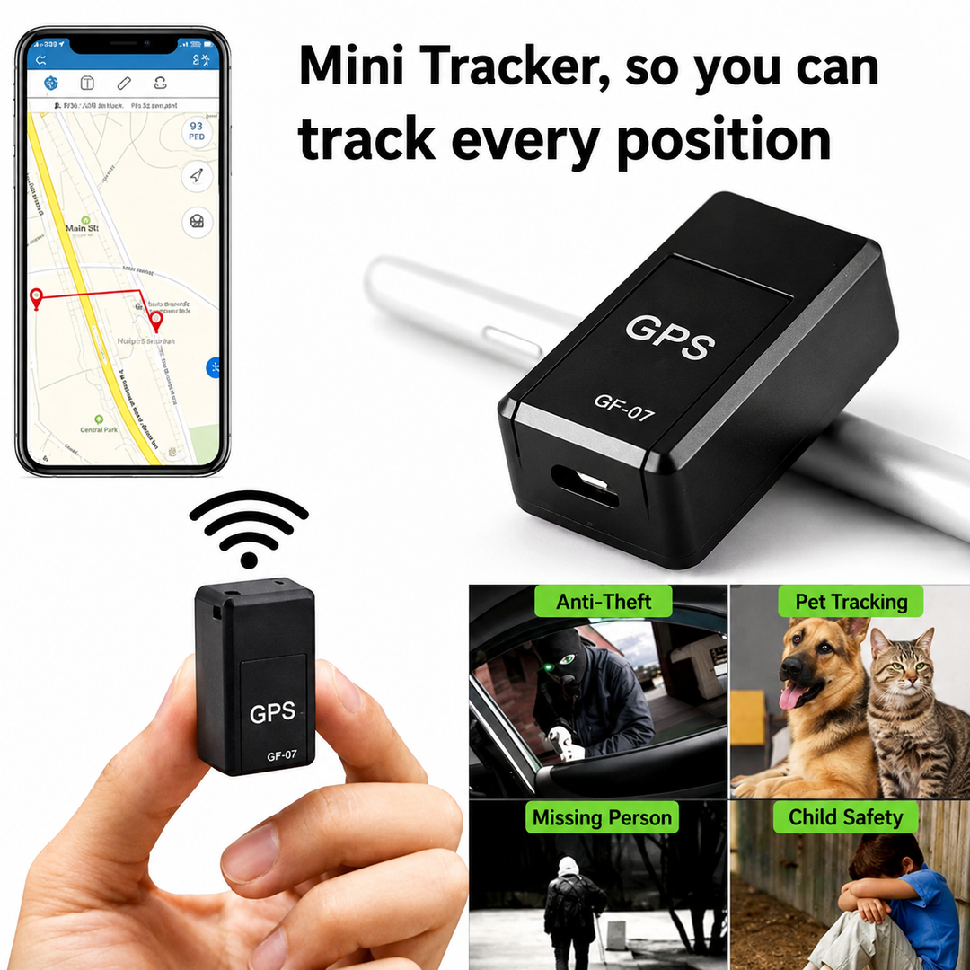 Collage met de zwarte tracker tussen duim en vinger, een smartphone met kaart en gebruiksvoorbeelden zoals diefstalbeveiliging, huisdieren en kinderen. 2