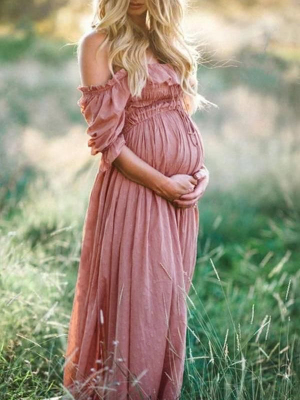 Gathered Waist Long Maternity Dress - Emily