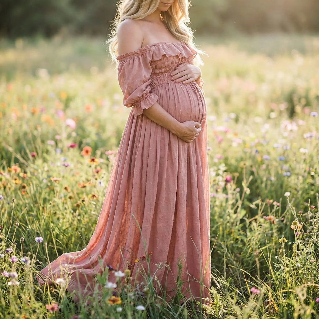 Gathered Waist Long Maternity Dress - Emily