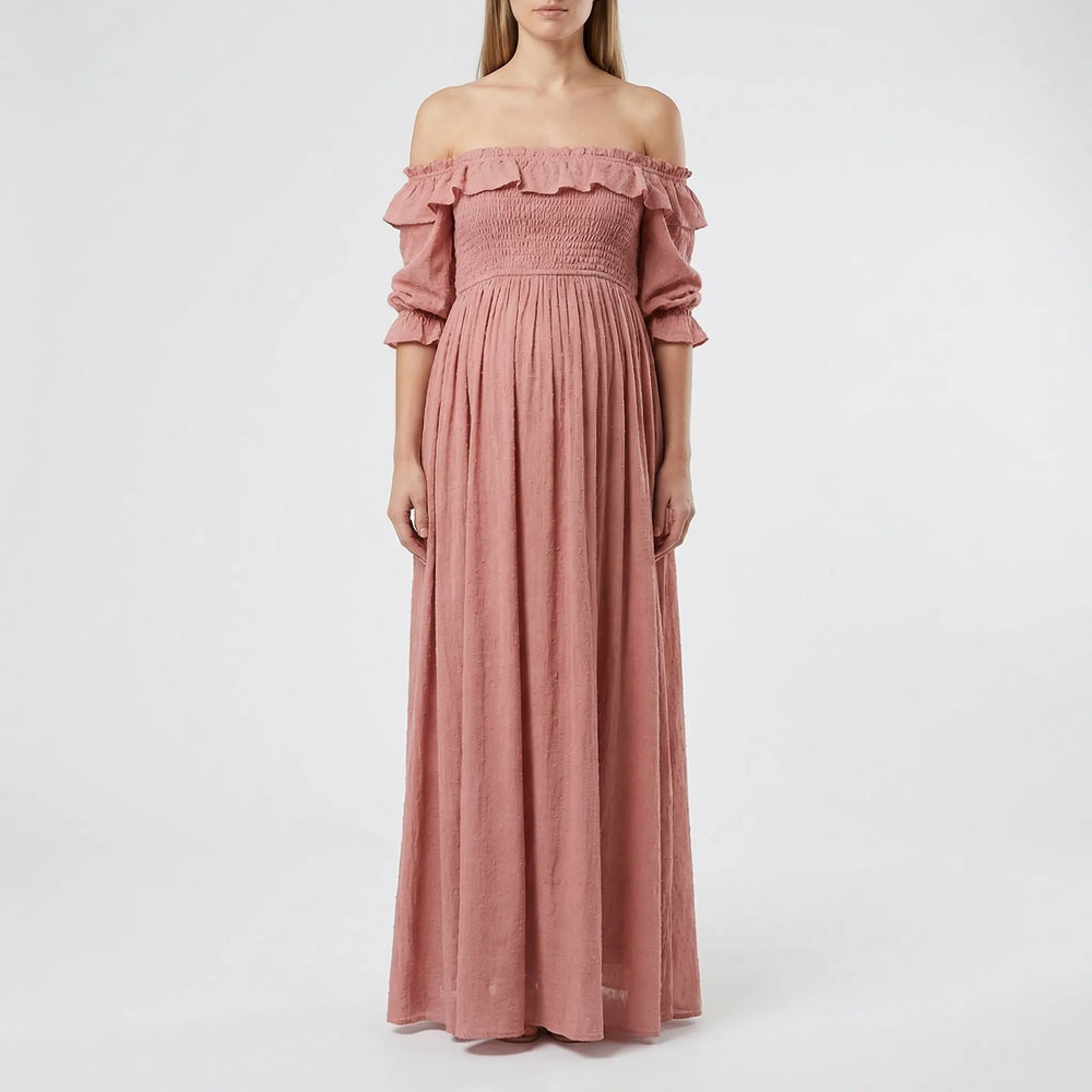 Gathered Waist Long Maternity Dress - Emily