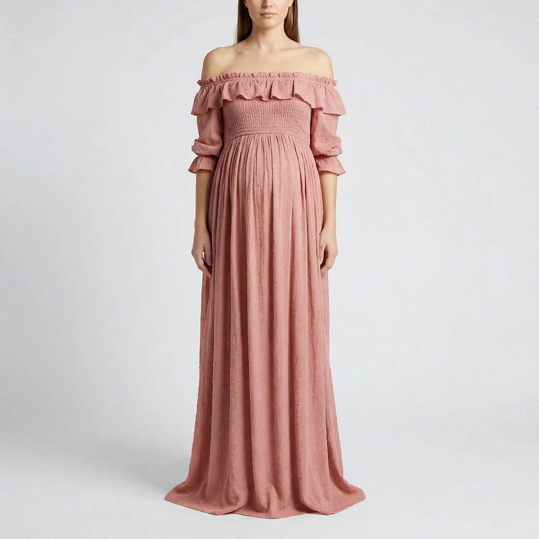 Gathered Waist Long Maternity Dress - Emily