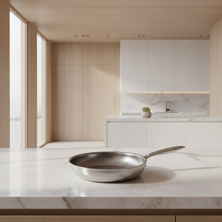 Koekenpan met gehamerd patroon op een wit marmeren keukenblad in een minimalistische, lichte keuken met houten kasten. 2