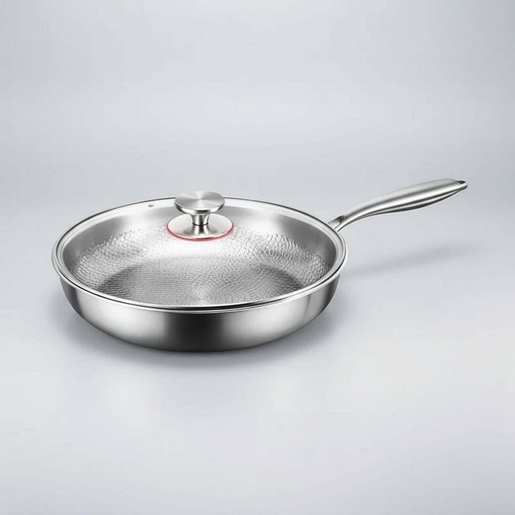 Koekenpan met glazen deksel en metalen knop, schuin van voren gefotografeerd tegen een lichtgrijze achtergrond. 8