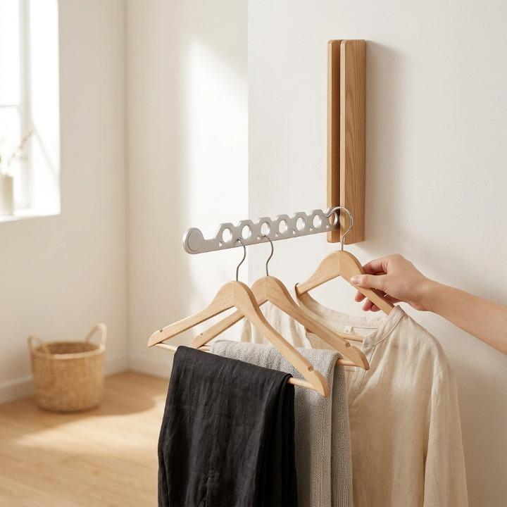 Hand hangt een houten kleerhanger aan de lichthouten wandkapstok met zilverkleurige arm, naast kleding en een rieten mand. 3