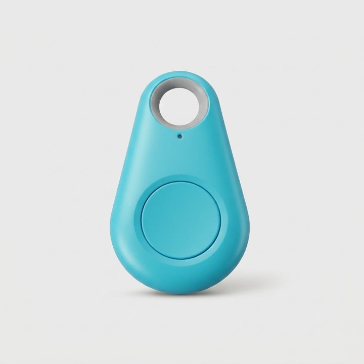 Turquoise druppelvormige tracker met sleutelgat en ronde knop, vooraanzicht op een lichte achtergrond 8