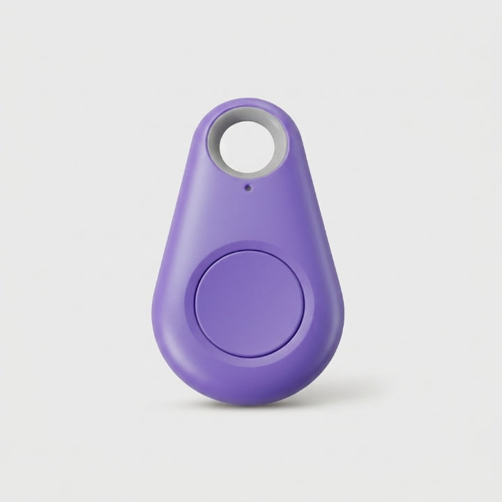 Paarse druppelvormige tracker met sleutelgat en ronde knop, vooraanzicht op een lichte achtergrond 9