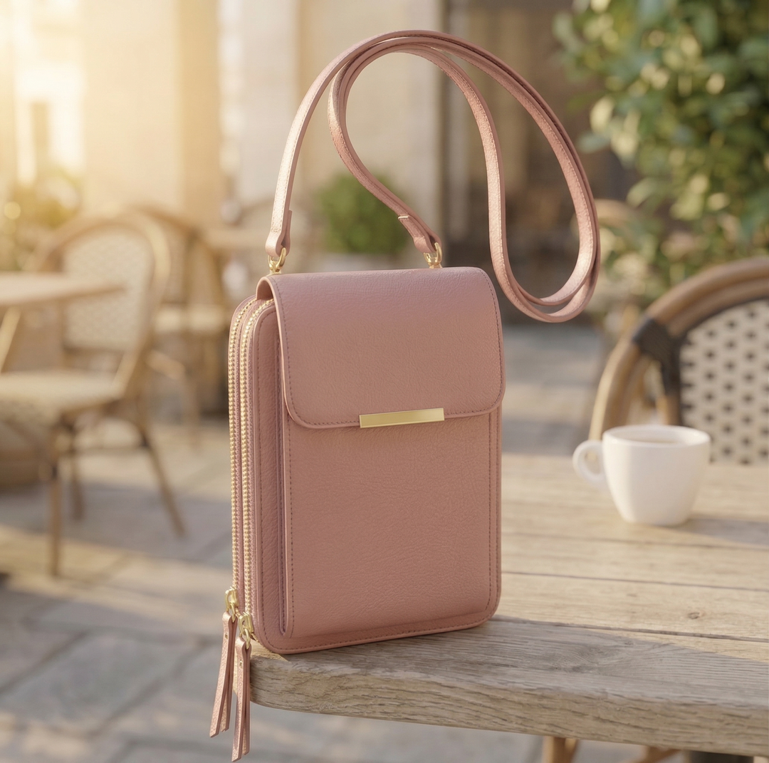 Oudroze crossbodytasje met klep, gouden ritsen en lange schouderband, op een houten tafel op een zonnig terras. 2