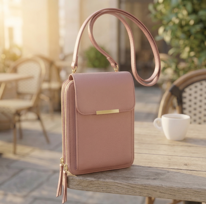Oudroze crossbodytasje met klep, gouden ritsen en lange schouderband, op een houten tafel op een zonnig terras. 2