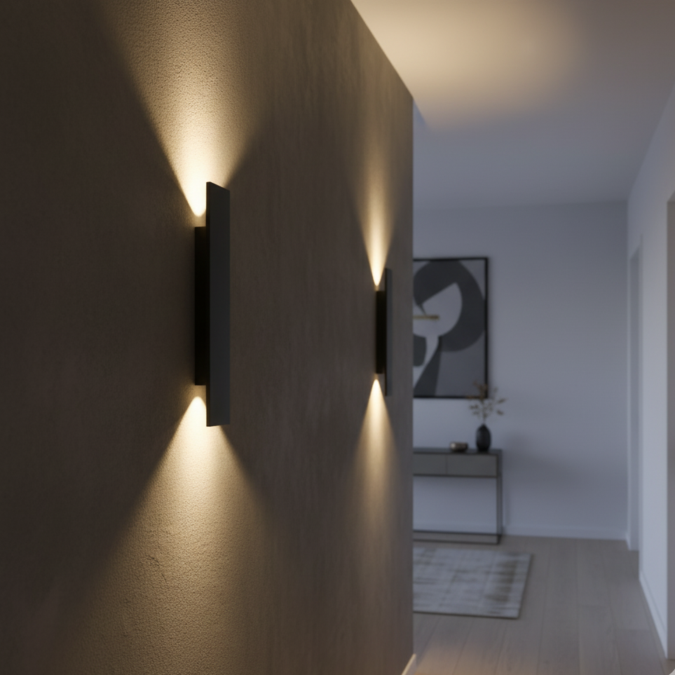 Zwarte wandlampen aan een gang in een woning, die warme lichtbundels omhoog en omlaag werpen op een ruwe muur. 3