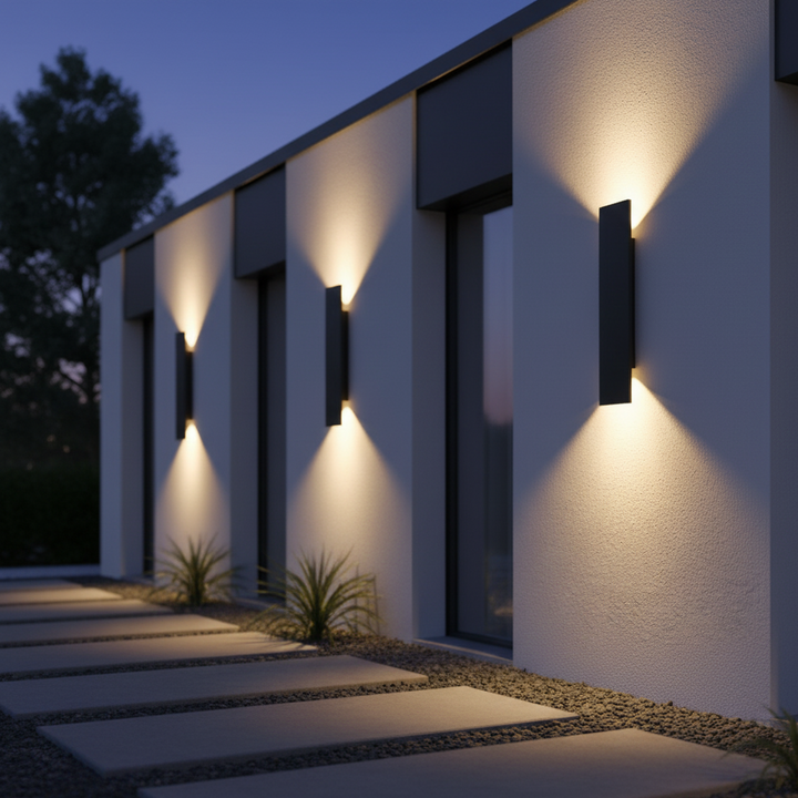 Rij zwarte wandlampen op de gevel van een modern huis in de schemering, met lichtkegels boven en onder en een tegelpad. 4