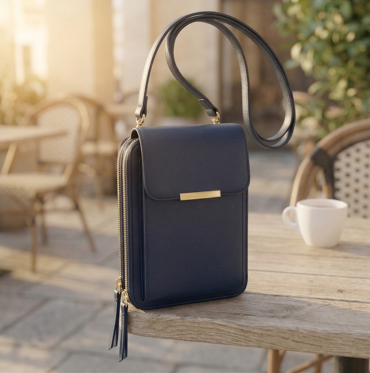 Donkerblauw crossbodytasje met gouden sluitstrip en dubbele rits, schuin op een houten terrastafel gefotografeerd. 3