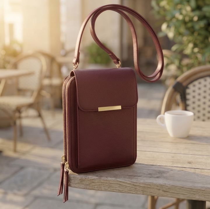 Bordeauxrood crossbodytasje met klep, gouden ritsen en kwastjes, schuin op een houten tafel op een terras. 6