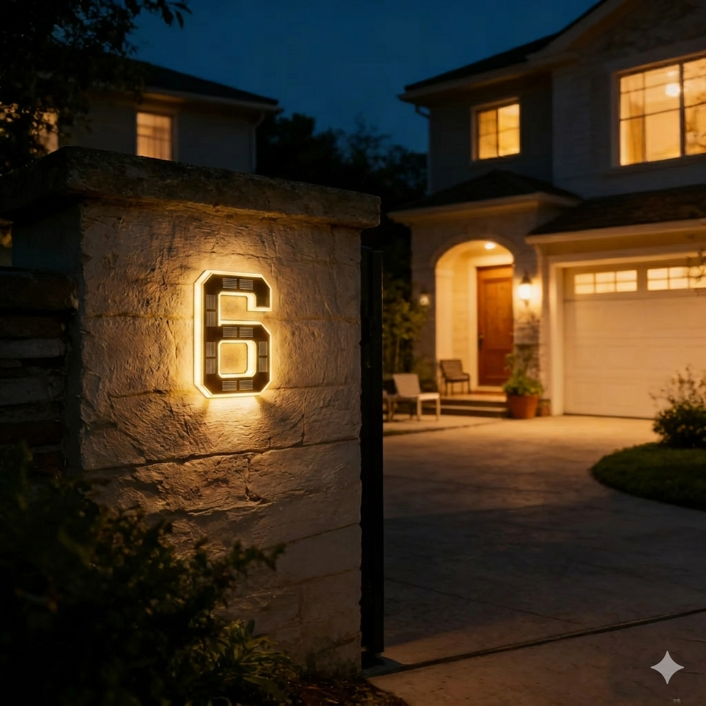 Verlicht cijfer 6 met zonnecellen op een stenen poortpilaar in de avond, met een huis met verlichte voordeur op de achtergrond. 11