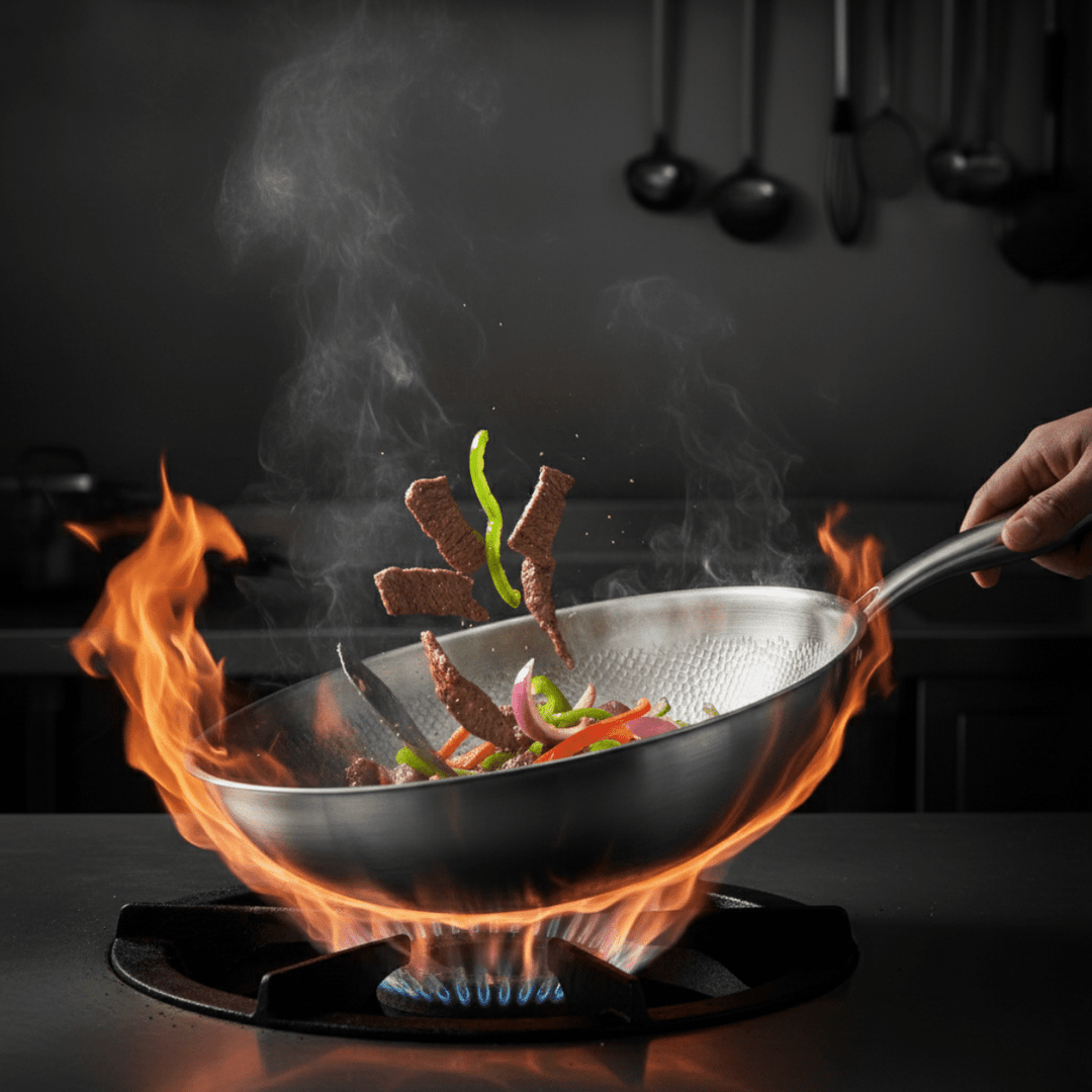 Wok boven een gasvlam waarin stukjes vlees en gesneden paprika door de lucht vliegen, vastgehouden bij de steel. 5