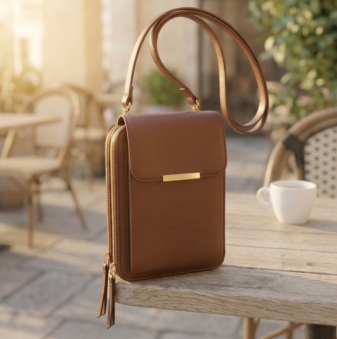 Cognacbruin crossbodytasje met klep en gouden details, staand op een houten tafel met een koffiekopje op de achtergrond. 4