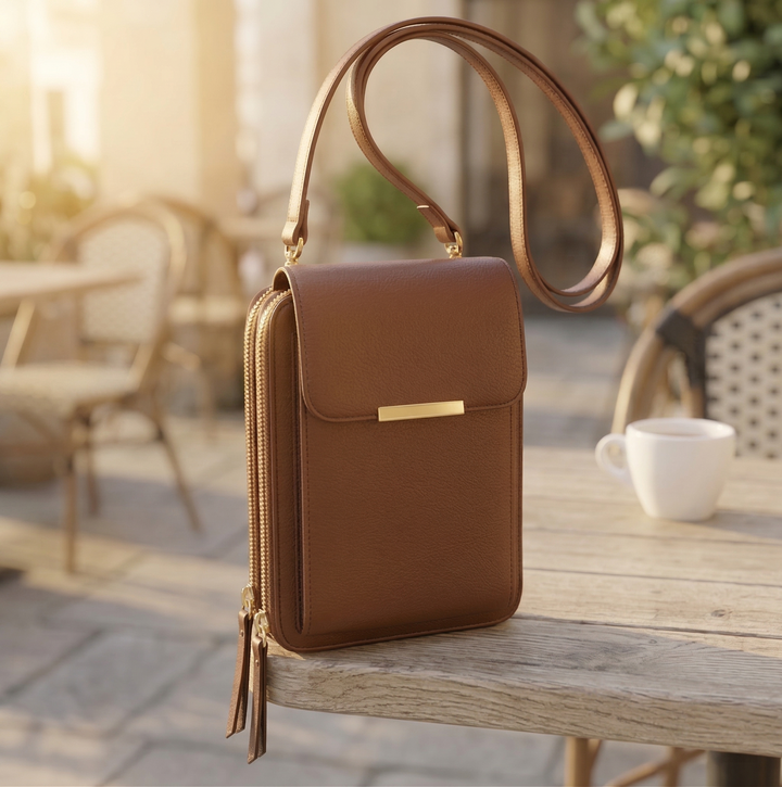 Cognacbruin crossbodytasje met klep en gouden details, staand op een houten tafel met een koffiekopje op de achtergrond. 4