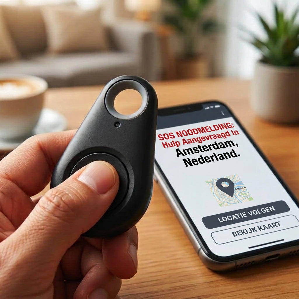 Hand drukt op de knop van de zwarte tracker, naast een telefoon met een noodmelding en kaart 4