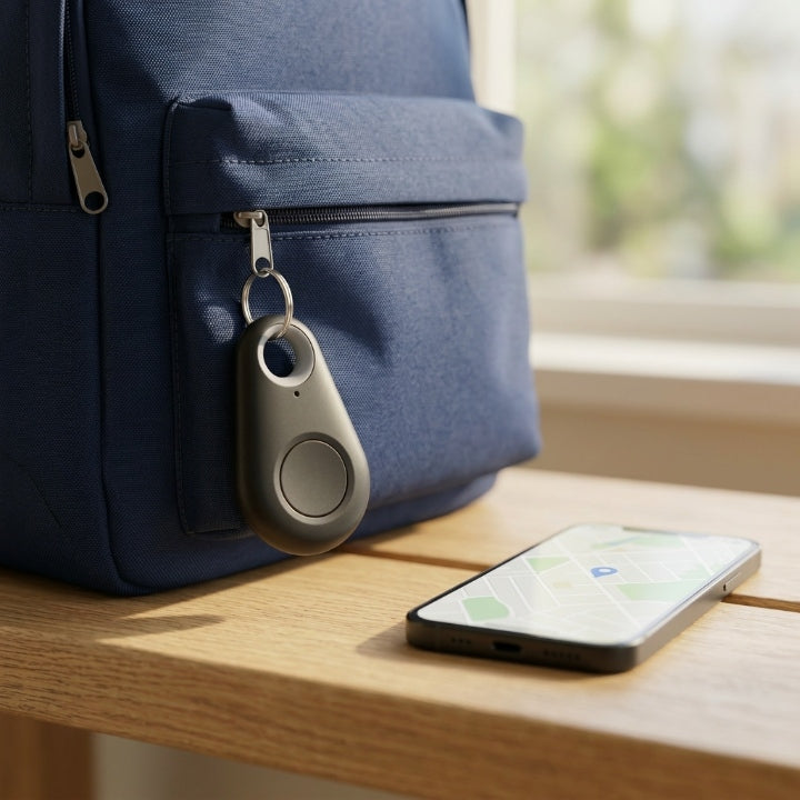 Druppelvormige tracker hangt met sleutelring aan de rits van een blauwe rugzak, naast een smartphone met kaart 1