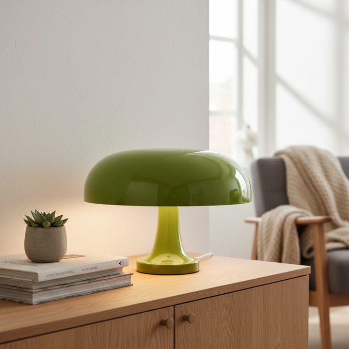 Groene paddenstoellamp met glanzende kap op een houten dressoir, naast een vetplantje en boeken, met een fauteuil met plaid op de achtergrond. 10