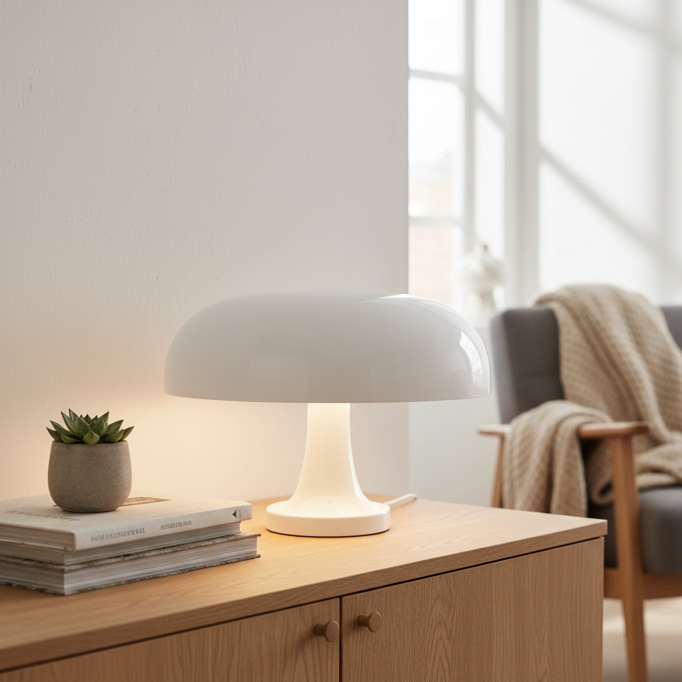Witte paddenstoellamp met gloeiende voet op een houten dressoir, naast een vetplantje en boeken, met een fauteuil met plaid erachter. 12