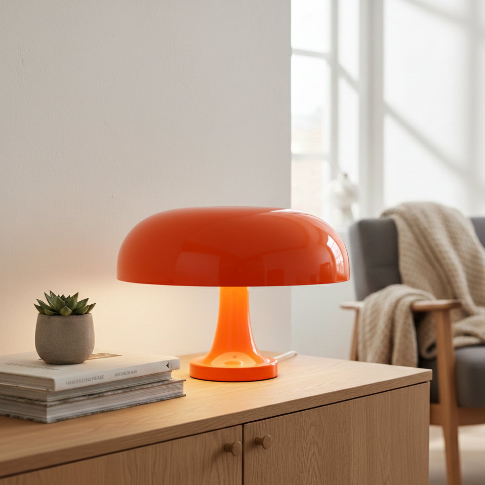 Feloranje paddenstoellamp met glanzende kap op een houten dressoir, naast een vetplantje en boeken, met een fauteuil met plaid erachter. 13