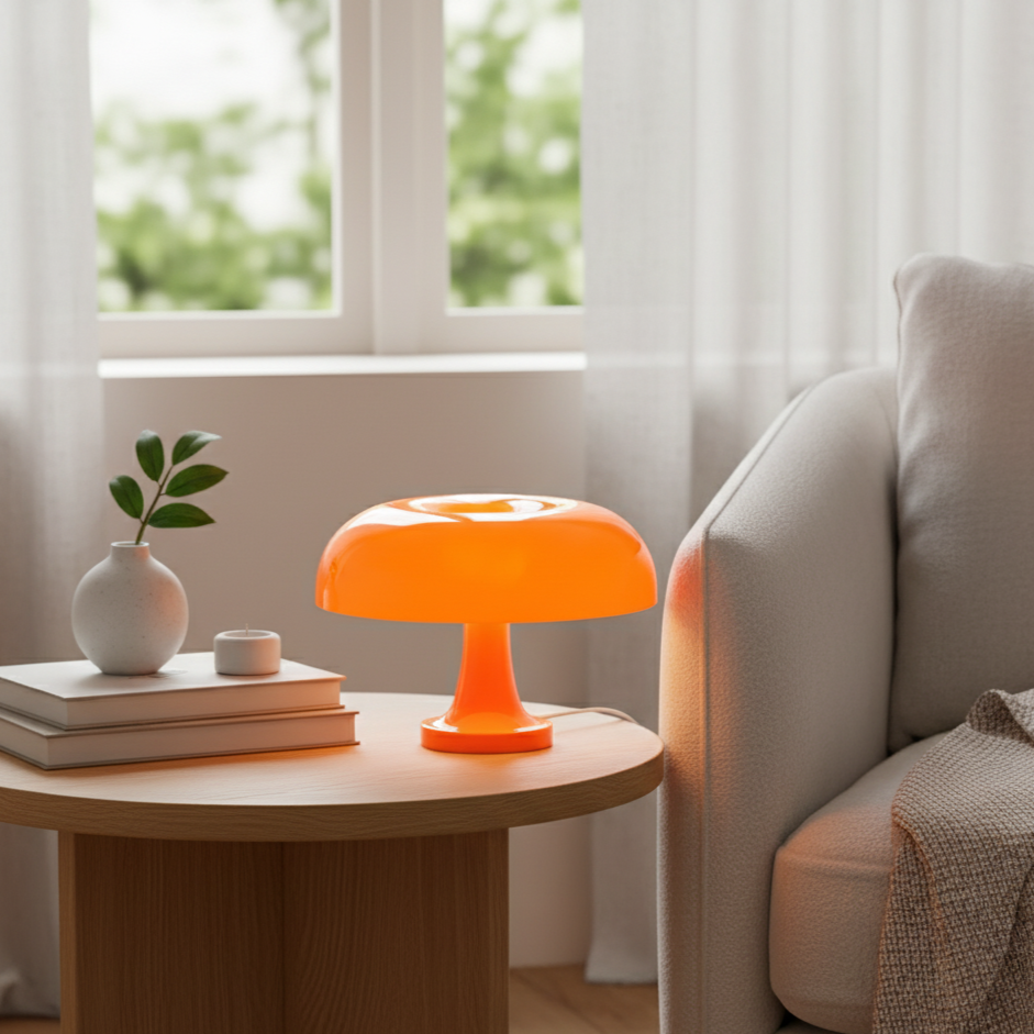 Oranje paddenstoellamp brandt op een rond houten bijzettafeltje naast een crèmekleurige fauteuil, met boeken, een witte vaas en een waxinelichtje. 1