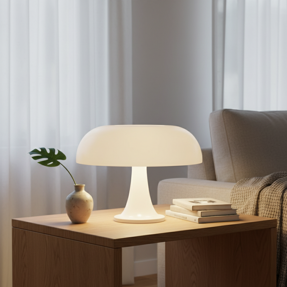 Witte paddenstoellamp geeft zacht licht op een houten bijzettafel bij een bank, met een vaas met monsterabladeren en een stapel boeken. 2