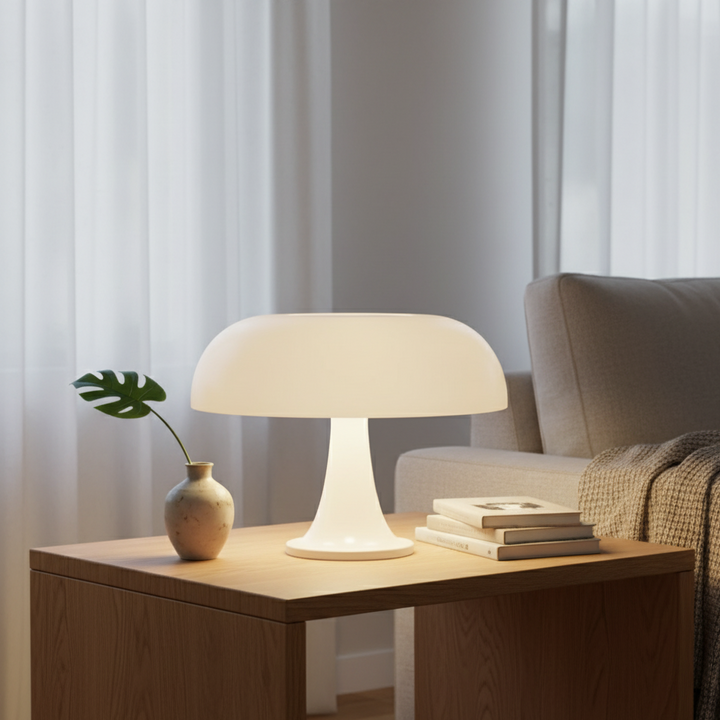 Witte paddenstoellamp geeft zacht licht op een houten bijzettafel bij een bank, met een vaas met monsterabladeren en een stapel boeken. 2