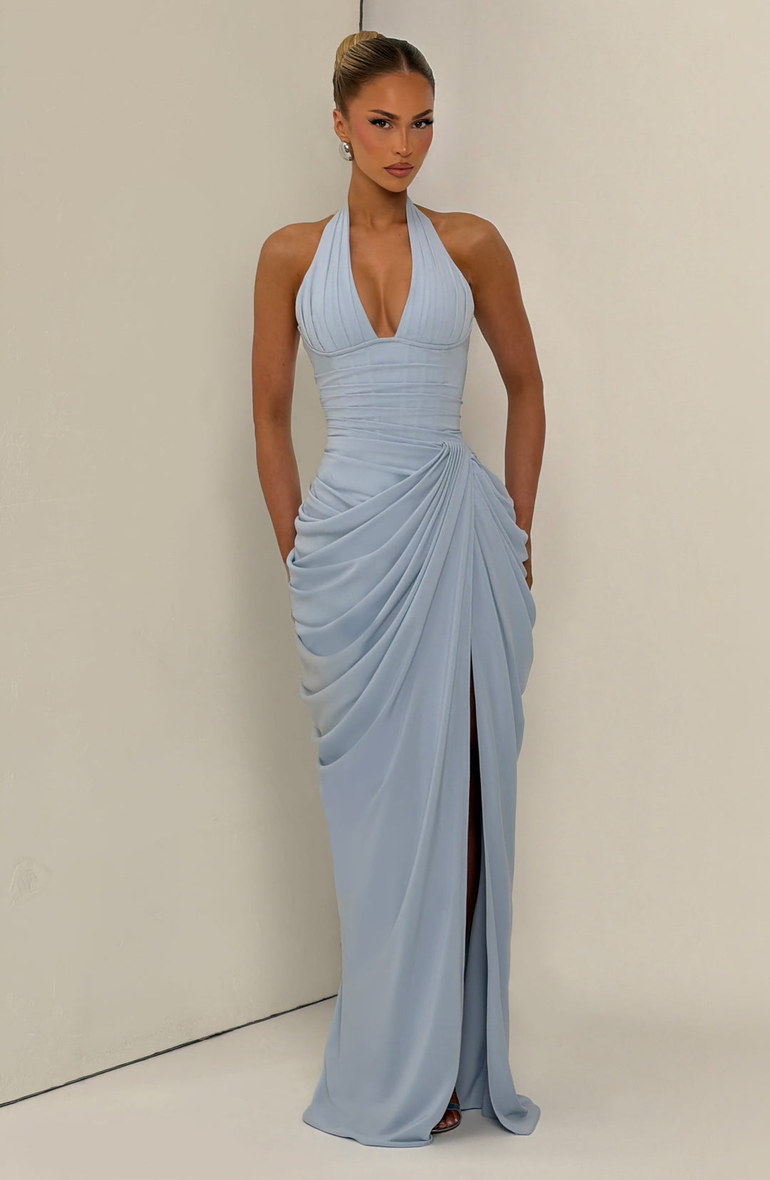 Linde Halter Maxi Dress with Corset Bodice and Chiffon Skirt 15