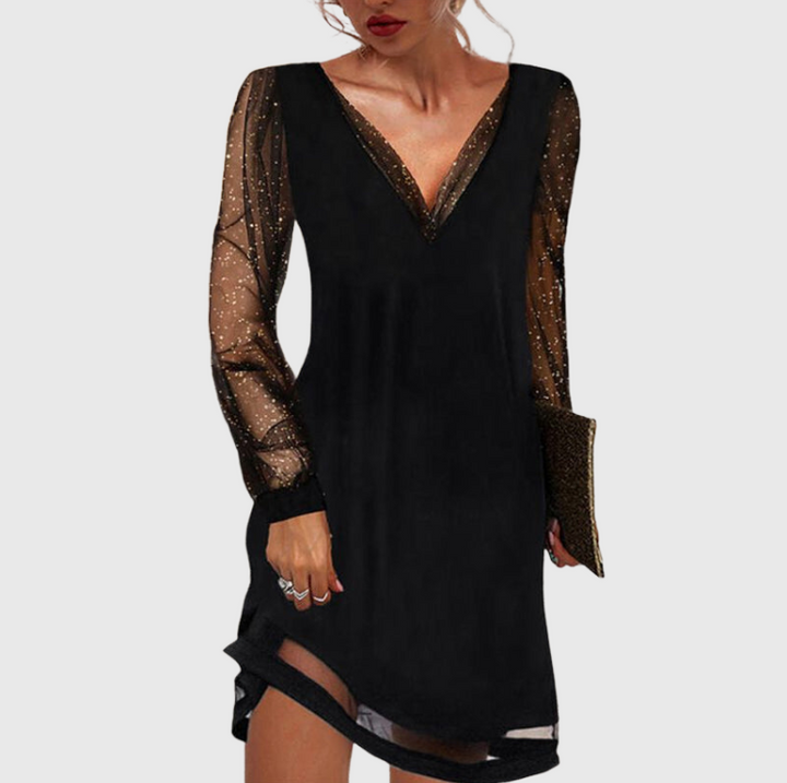 Glitter Mesh Long Sleeve Evening Dress - Alicia