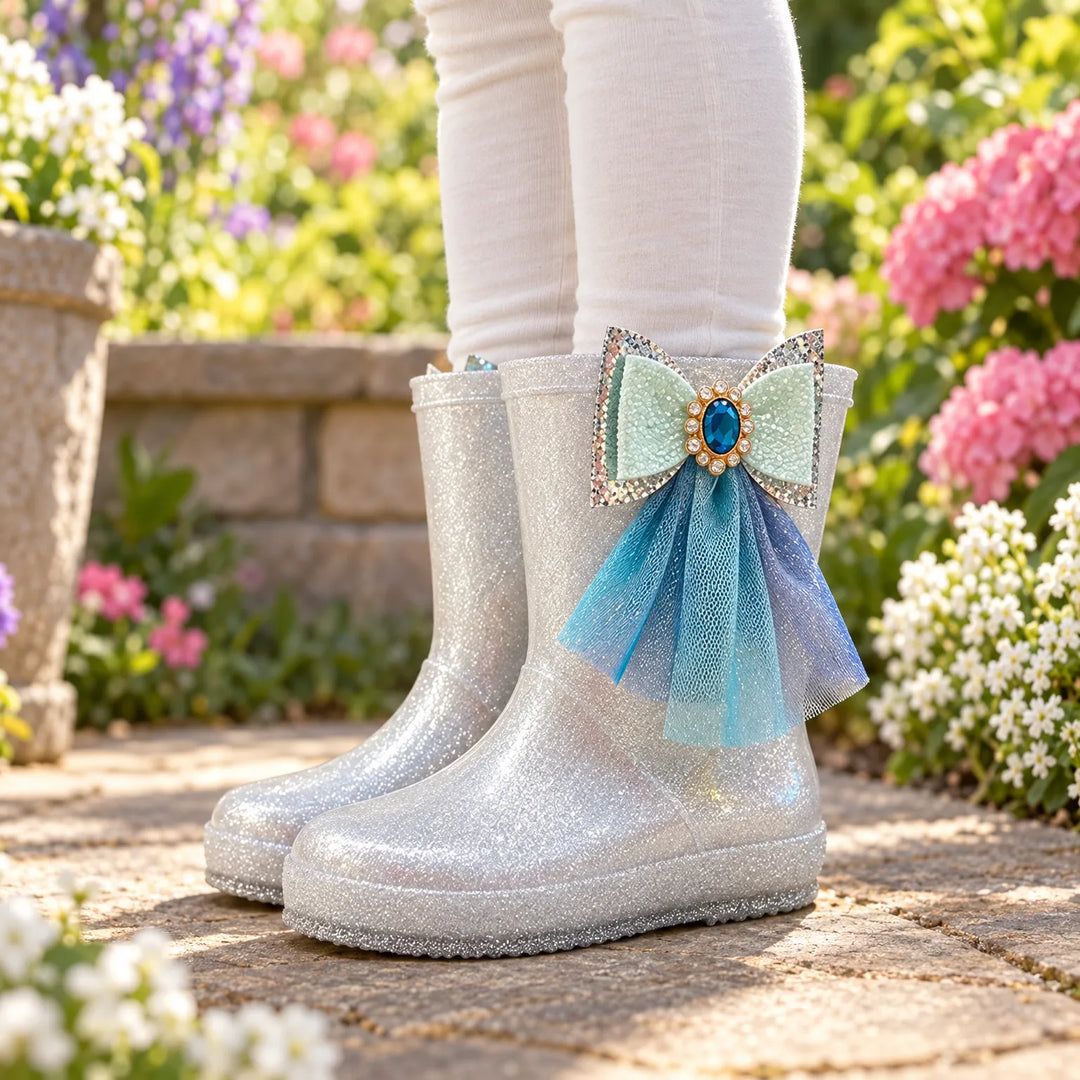 Zilverkleurige glitterlaarzen met strik, blauwe edelsteen en tule lint, gedragen door een kind in een bloemrijke tuin. 1