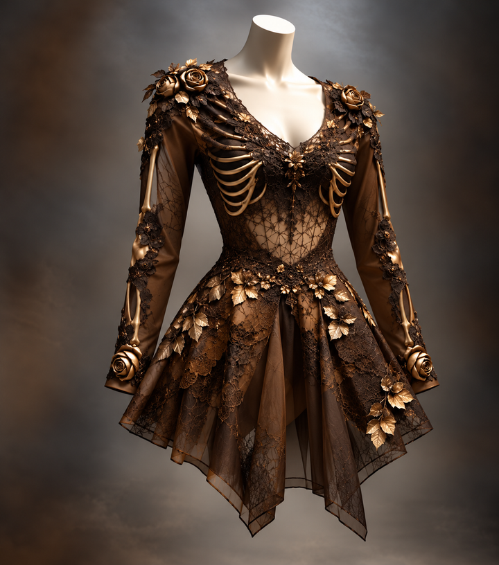 Dezelfde minijurk in bruin kant met gouden ribben, rozen en bladeren, getoond op een paspop met asymmetrische rok. 3