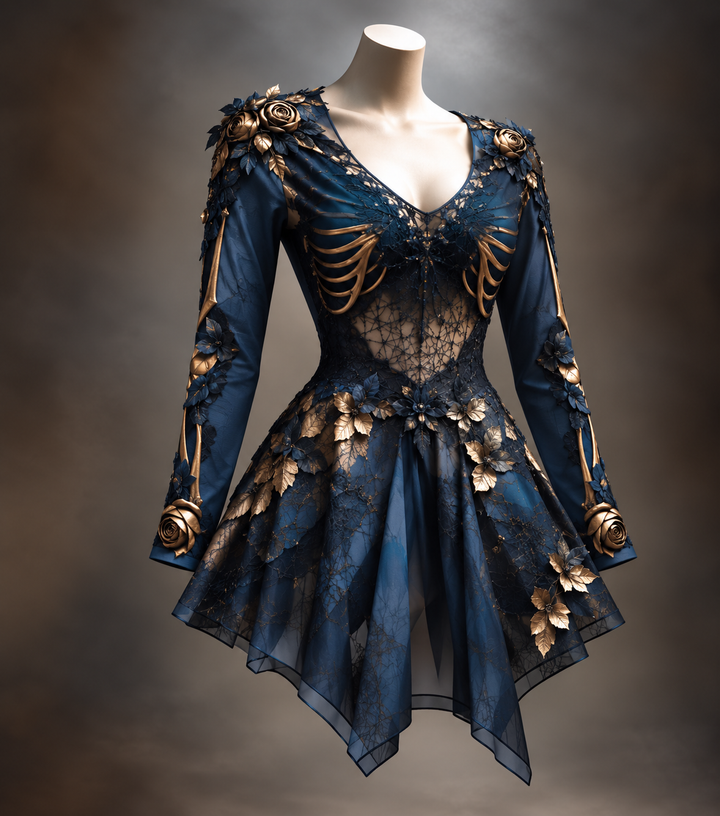 Dezelfde minijurk in donkerblauw kant met gouden ribben, rozen en bladeren, getoond op een paspop met lange mouwen. 4