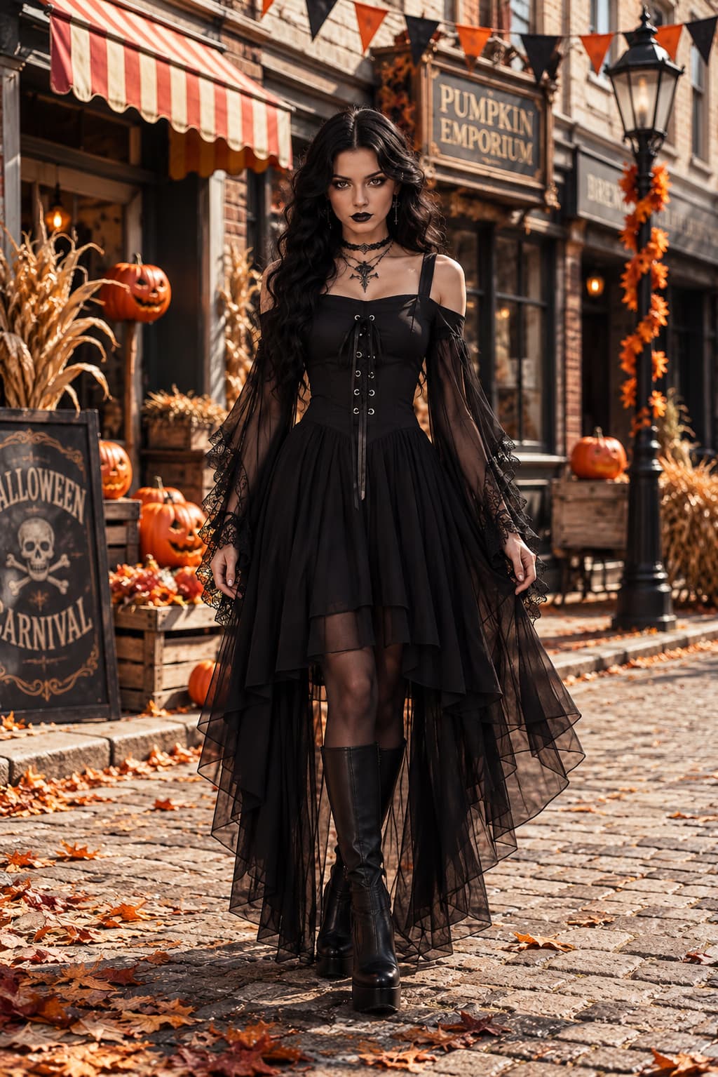 Model in zwarte jurk met korset-veters en tule hoog-laag rok, tussen herfstdecor en pompoenen 1