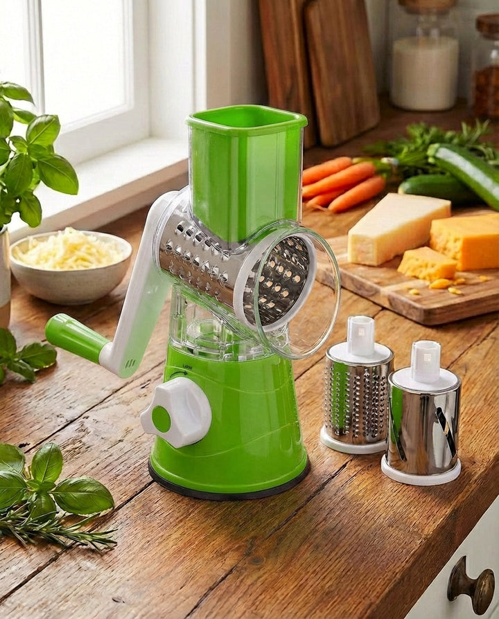 Groene versie van de groentesnijder met witte slinger op een houten aanrecht, met twee losse trommels, kaas en groenten. 11