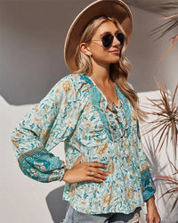 Vintage boho letnia bluzka z kwiatowym nadrukiem i długimi rękawami – Sana