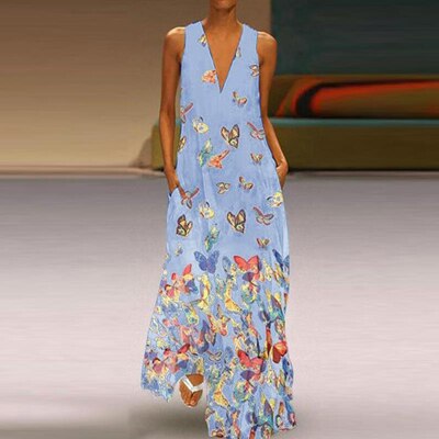 Trendy Mouwloos Maxi Zomerjurk met Vlinderpatroon – Malia