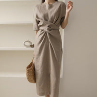 Lightweight Khaki Summer Dress with Adjustable Waist – Isalie