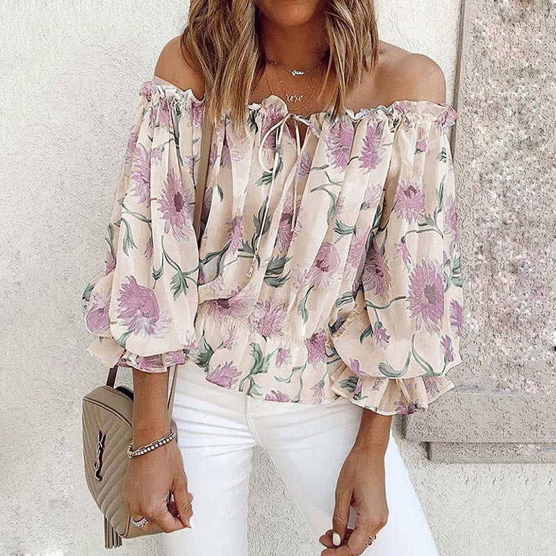 Gebloemde dames chiffon blouse met ruches mouwen – Elvira